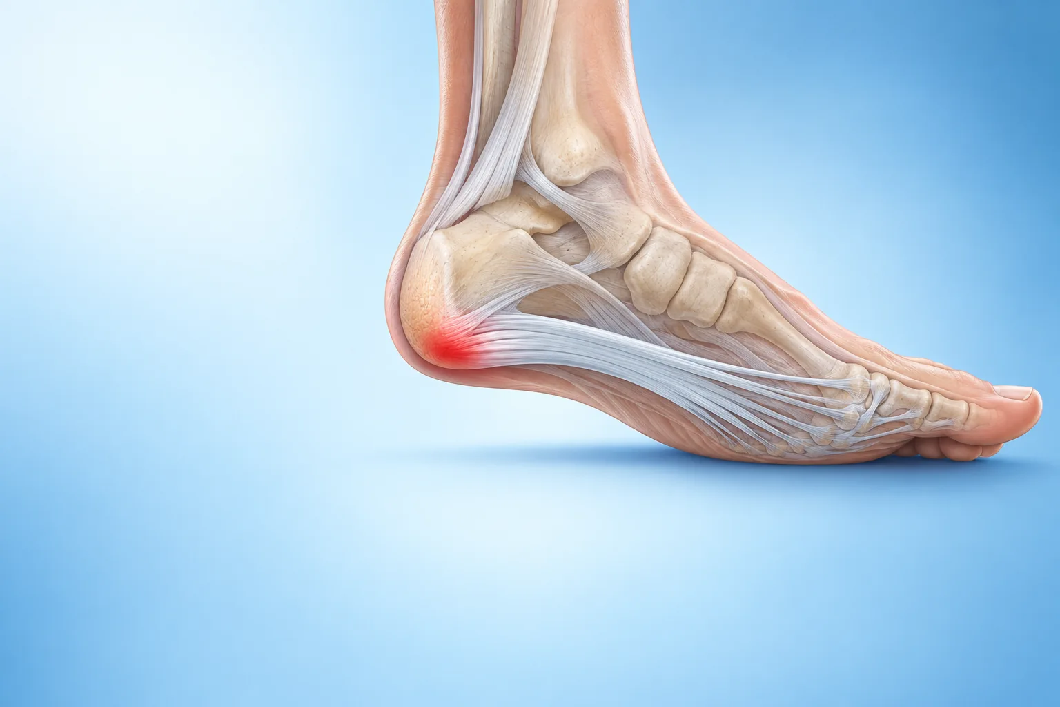 Ilustración orientativa de la fascia plantar y su inserción en el talón
