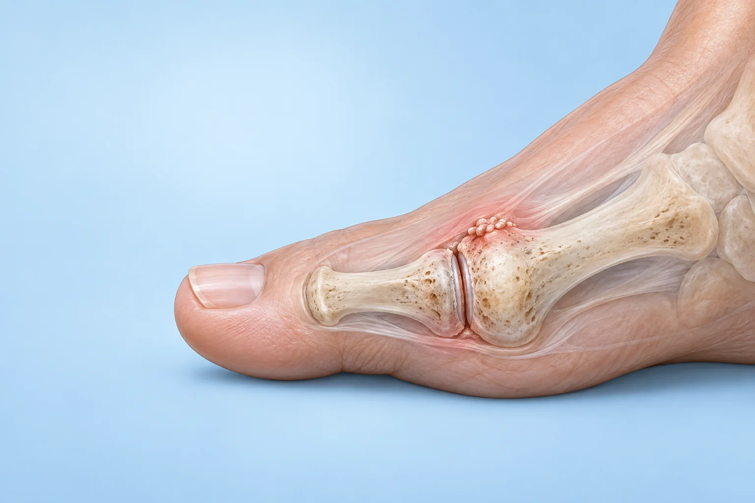 Ilustración orientativa de la articulación del dedo gordo con hallux rigidus