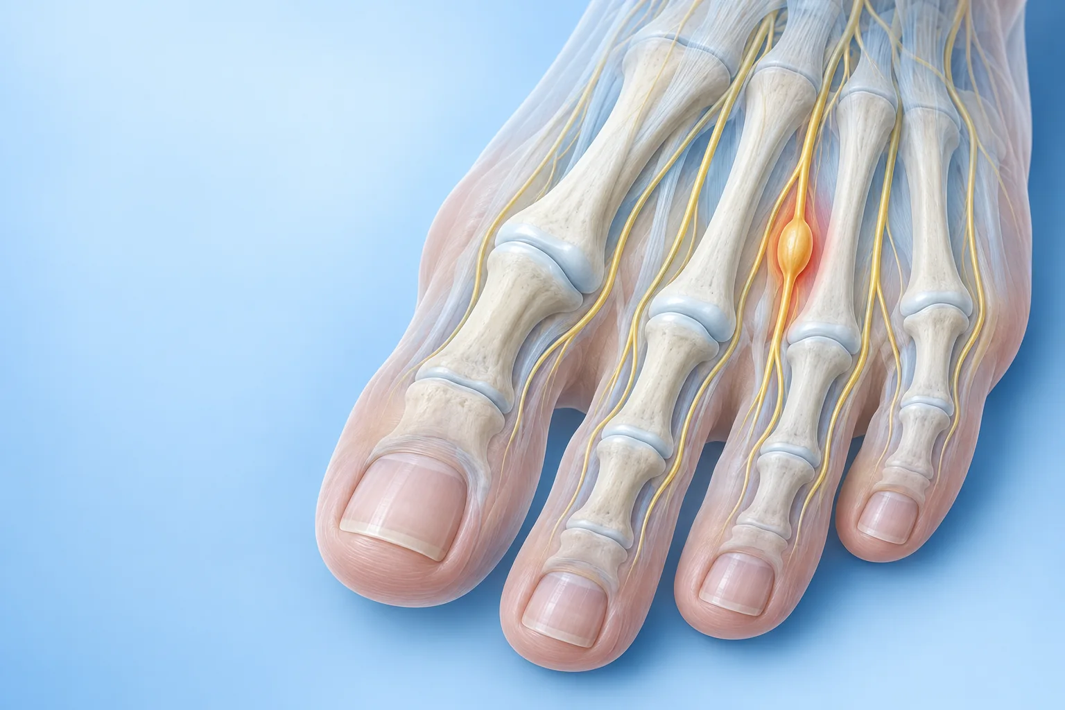 Ilustración orientativa del nervio interdigital en el neuroma de Morton